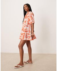 ASOS - – minikleid aus baumwoll-popeline mir rotem postkarten-print mit puffärmeln - Lyst