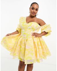 ASOS - Curve - vestito corto monospalla a fiori con dettaglio stile corsetto e manica a sbuffo - Lyst