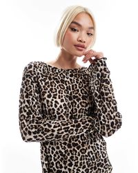 Pieces - – plissiertes langarm-top mit leopardenmuster, kombiteil - Lyst