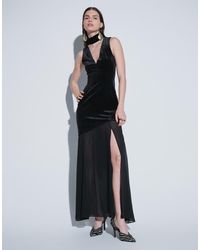 TFNC London - Velvet Plunge Neck Scarf Detail Thigh High Slit Maxi Dress - Lyst