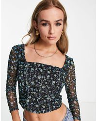 New Look - Corset Detail Mesh Long Sleeved Floral Pattern Top - Lyst
