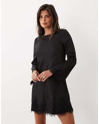 Nobody's Child - Kamari Satin Boat Neck Lace Trim Mini Dress - Lyst
