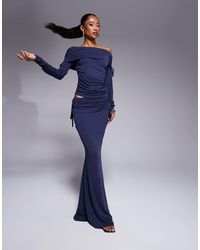 ASOS - Falda Larga Azul Añil De Corte Sirena Con Lateral Fruncido Y Cintura Plegada De Tejido Suave De - Lyst
