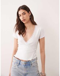 Miss Selfridge - Pointelle Lettuce Detail Wrap Top - Lyst
