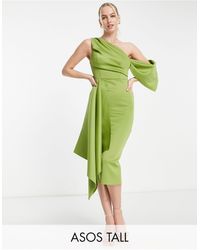 ASOS - Asos design tall - vestito longuette midi color oliva con spalle scoperte e volant - Lyst