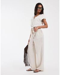 ONLY - Pantalones Beis De Pernera Ancha De Mezcla De Lino (Parte De Un Conjunto)-Neutro - Lyst