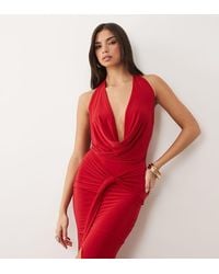 Kaiia - Exclusive Double Laye Slinky Halter Cowl Neck Drape Waist Detail Maxi Dress - Lyst