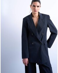 TOPSHOP - Blazer Oversize Blu Doppiopetto Con Leggero Motivo Gessato - Lyst