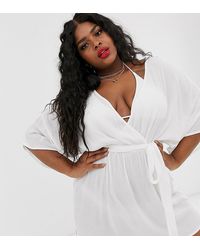 ASOS Asos Design Curve - Diepuitgesneden Strandtuniek Met Gestrikte Taille En Kimonomouwen Van Gekreukte Stof - Wit