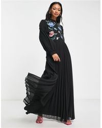 ASOS - High Neck Pleated Long Sleeve Skater Maxi Dress With Embroidery - Lyst