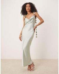 Gina Tricot - Midi Satin Cowl Neck Dress With 3d Floral Applique - Lyst