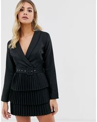 In The Style - Plunge Front Blazer Dress With Pleated Skirt - Lyst