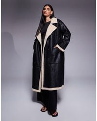 Princess Polly - Leather Look Contrast Faux Shearling Button Front Longline Coat - Lyst