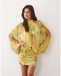 ASOS - Printed Mesh Floral Dropped Waist Blouson Tie Neck Mini Dress - Lyst