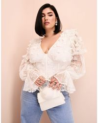 ASOS - Curve Mesh Bardot Long Sleeved Top With Velvet Flowers And Pearl Embellishment - Lyst