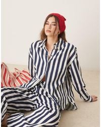 ASOS - Camisa Azul Marino Extragrande A Rayas De Tejido Efecto Lino De (Parte De Un Conjunto) - Lyst