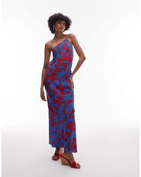TOPSHOP - Vestido Midi Rojo Intenso Y Azul Asimétrico Para Eventos Especiales Con Estampado Floral Y Espalda Abierta De - Lyst