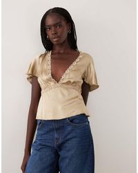 Miss Selfridge - Satin Lace Trim Batwing Tea Top - Lyst