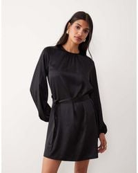 Vila - Balloon Sleeve Satin Tie Waist Mini Dress - Lyst