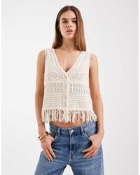 ONLY - Crochet Knit Waistcoat With Fringe - Lyst