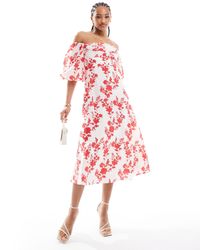 Nobody's Child - Maxine - robe style bardot longueur mollet à manches ballon avec motif à grandes fleurs - rouge - Lyst