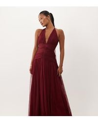 LACE & BEADS - Tulle Halter Neck Drop Waist Open Back Maxi Dress - Lyst