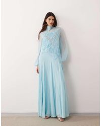 ARRANGE - Applique Floral Tie Neck Blouson Sleeve Trapeze Maxi Dress - Lyst