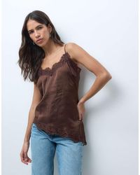 New Look - Longline Asymmetric Lace Trim Satin Cami Top - Lyst