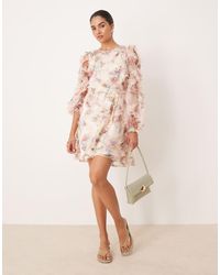 Y.A.S - Vestito Corto Testurizzato A Maniche Lunghe Con Stampa A Fiori Sfocata - Lyst