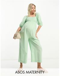 ASOS - Asos Design Maternity Linen Look Shirred Puff Sleeve Jumpsuit - Lyst