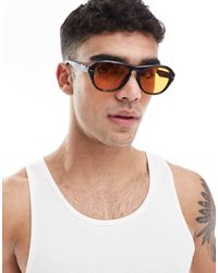 ASOS - Occhiali Da Sole Aviatore Neri Con Lenti Color Ambra - Lyst