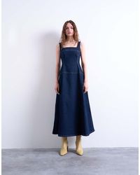 TOPSHOP - Dropped Waist Structured Denim Midi Dress - Lyst