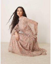 ASOS - Hoogsluitende Gerimpelde Maxi Jurk Met Chevroneffect En Vervaagde Bloemenprint - Lyst