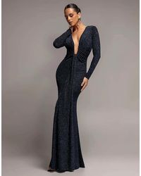 Goddiva - Plunge Neck Long Sleeve Front Draped Sparkling Maxi Dress - Lyst