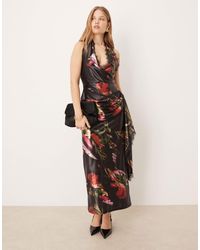 ASOS - Printed Stretch Satin Draped Maxi Dress With Lace Detail - Lyst