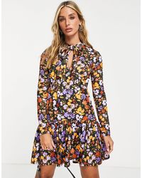 River Island - Floral Pussybow Smock Mini Dress - Lyst
