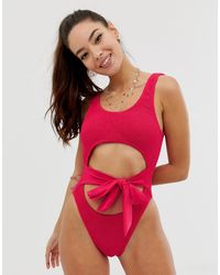 ASOS Gerimpeld Badpak Met Lage Ronde Hals En Strikband - Roze