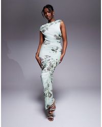 ASOS - Mesh Asymmetric Neck Off Shoulder Ruched Maxi Dress - Lyst