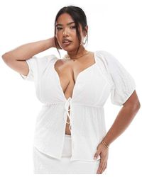 Esmee Curve - Exclusive Puff Sleeve Tie Front Beach Top - Lyst