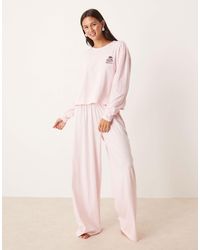 ASOS - Long Sleeve Lounge Top And Wide Leg Trouser Pyjama Set With Espresso Embroidery Motif - Lyst
