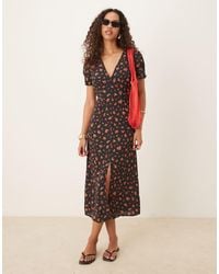 Mango - Satin V Neck Midi Tea Dress With Rose Print - Lyst