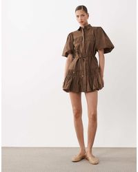 ASOS - Shirt Mini Dress With Puff Sleeve And Tie Detail - Lyst