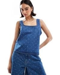 ASOS - Denim Square Neck Shift Top With Polka Dot Print - Lyst