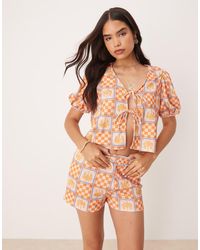 ASOS - Top Con Estampado Vacacional De Palmeras, Mangas Abullonadas Y Lazada Delantera De (Parte De Un Conjunto) - Lyst