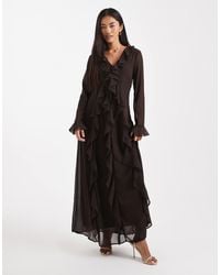 Vero Moda - Robe longue style bohème en mousseline à volants - chocolat - Lyst