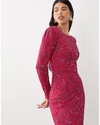 Beauut - Fully Embellished Beaded Mesh Overlay Slash Neck Maxi Dress - Lyst