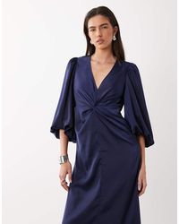 Y.A.S - Knot Front Volume Sleeve Satin Midi Dress - Lyst
