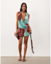 ASOS - Printed Floral Mesh Cowl Mini Dress With Drape Sash And Scarf Detail - Lyst