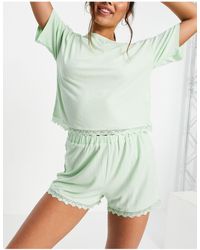 Lost Ink - Lace Trim Jersey Pyjama Top And Short Set - Lyst