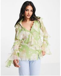 ASOS - Blusa verde con estampado floral y cuello - Lyst